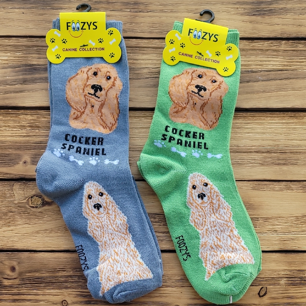 NWT Foozys Cocker Spaniel Dog Socks - Gray and Olive 2 Pair Set - Unisex